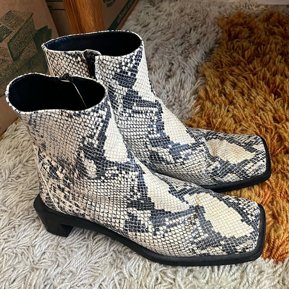 Zara Square Heeled Leather Ankle Boots Snakeskin